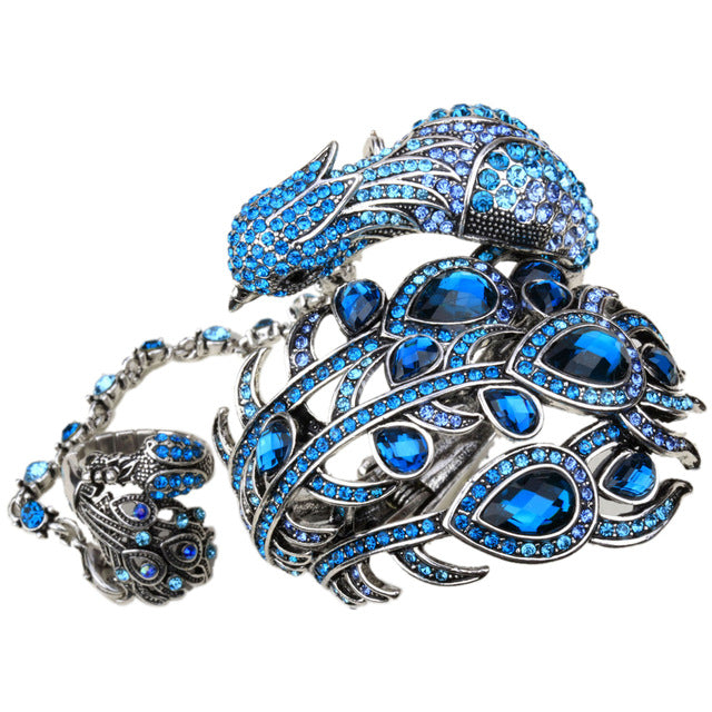 Peacock Bangle Bracelet Slave Hand Chain Attached Ring Set
