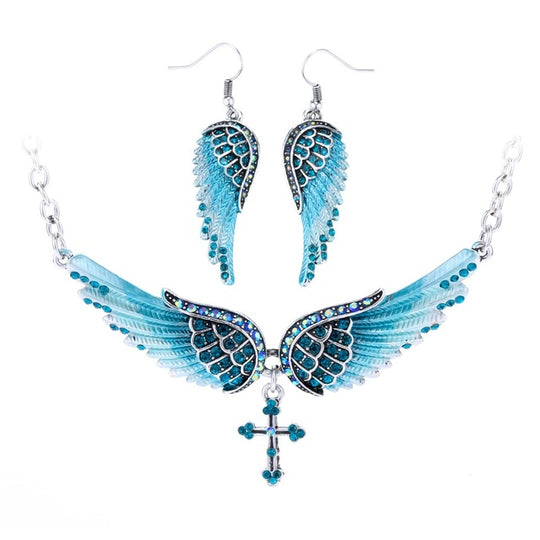 Yacq Angel Wing Cross Necklace Earrings Sets Women Biker Bling Jewelry Birthday Gifts for Her Wife Mom Girlfriend