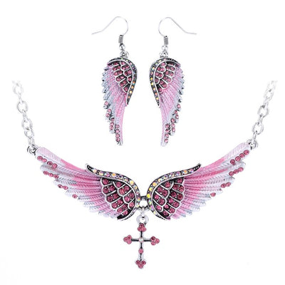 Yacq Angel Wing Cross Necklace Earrings Sets Women Biker Bling Jewelry Birthday Gifts for Her Wife Mom Girlfriend