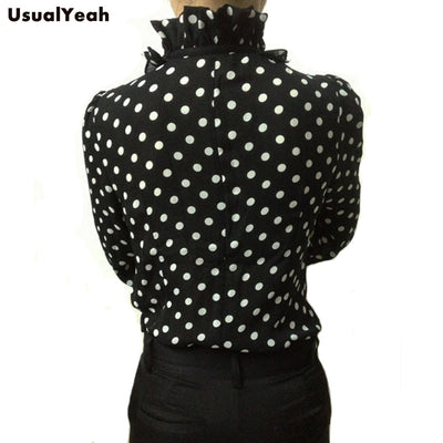 Fashion Korea Style Vintage Chiffon Polka Dots Women's Body Blouse Tops Shirt Stand Collar Ruffles S M L XL
