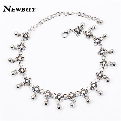 Silver Color Anklets for Women Vintage Bracelet Bohemian Flower chaine cheville barefoot sandals halhal Foot Jewelry