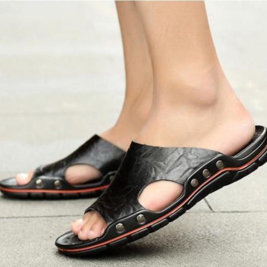 Black Men's Vintage Genuine Cow Leather Beach Sandals