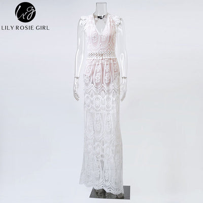 Hollow Out White Lace Dress Women Spring High Waist Sleeveless Backless Dress Elegant Christmas Maxi Long Dress Vestidos