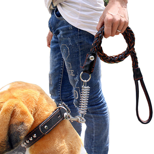 Leather Dog Training Pet Leash with Spring Buffer to Decrease Pull Tension