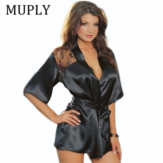 Lingerie Plus Size Satin Lace Black Kimono Intimate Sleepwear Robe   Night Gown Women   Underwear