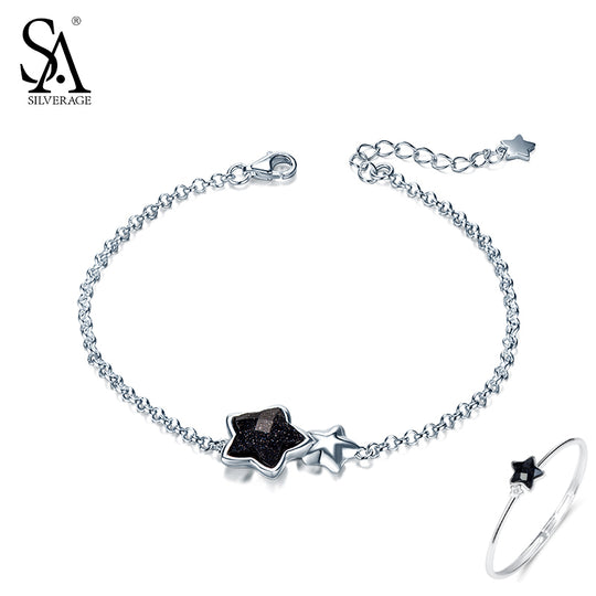 SA SILVERAGE Black Gemstone Star Bracelets & Bangles for Women 925 Sterling Silver Aventurine Bracelet Women Fine Jewelry