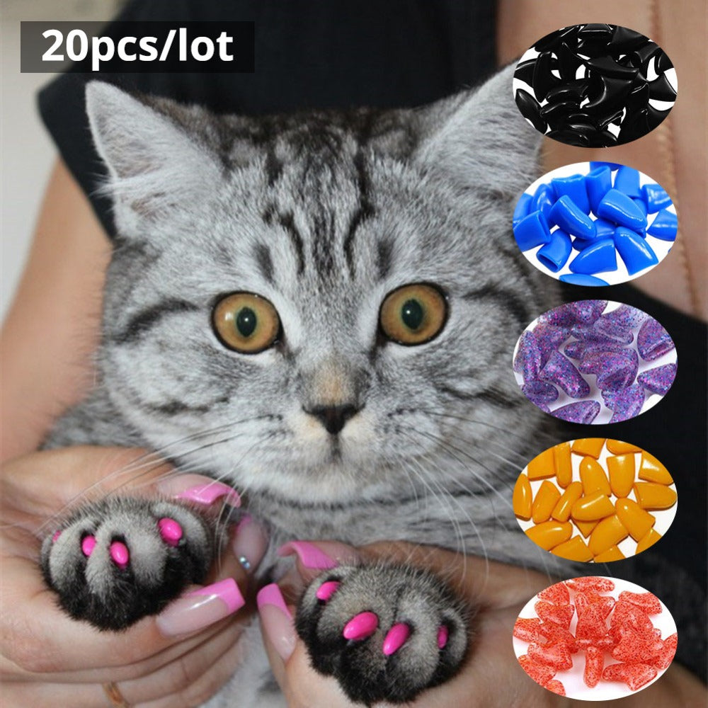 Nicrew 20 pcs Soft Silicone Soft Cat Nail Caps Colorful Cat Paw Claw Pet Nail Protector Cat Nail Cover Cat Grooming Supplies
