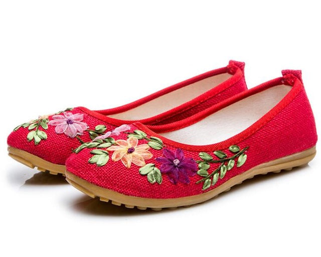 Vintage Embroidered Women Flats Flower Slip On Cotton Fabric Linen Comfortable Old Peking Ballerina Flat Shoes Sapato Feminino