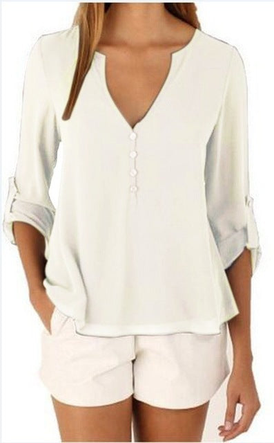 Women Plus Big Size S-5XL Casual Chiffon Blouse Tops Female Summer White Solid 3/4 Sleeve V-Neck Elegant Tee Shirts