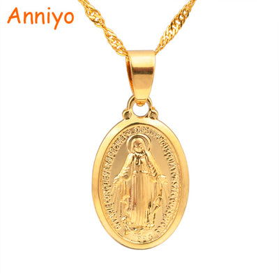 Anniyo Virgin Mary Pendant Necklace for Women/Girls,Silver/Gold Color Our Lady Jewelry Colar Cross Trendy Chain#006210