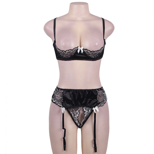Black Lace Halter   Lingerie Set Women Plus Size Open Bra Floral Transparent Lingerie       Bra With Garter