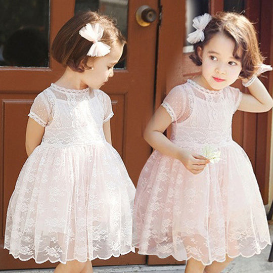 Girl's Short Sleeve Lace Children Clothing O-neck Solid Embellished Floral Lace Lolita Style Kids Dress