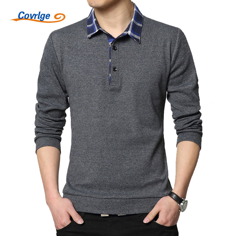Covrlge Polo Homme Spring New Men's Tee Shirts Fashion Patchwork Plus Size 4XL 5XL Long Sleeve Polo Shirt Slim Fit