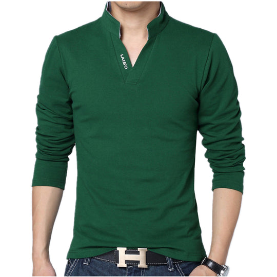 Men Fashion Boutique Cotton Leisure Stand Collar Long Sleeve POLO Shirts Mens Pure Color V-neck POLO Shirt Big Size S-5XL