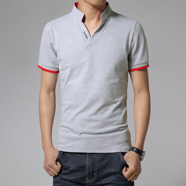 Men Fashion Boutique Cotton Leisure Stand Collar Long Sleeve POLO Shirts Mens Pure Color V-neck POLO Shirt Big Size S-5XL