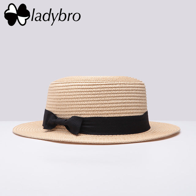 Ladybro Summer Women Boater Beach Hat Female Casual Panama Hat Lady Brand Classic Bowknot Straw Flat Sun Hat Women Fedora
