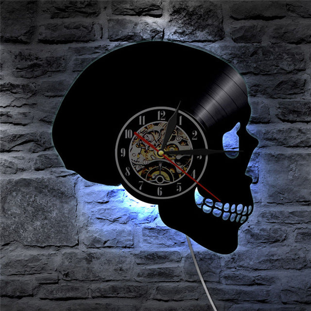 Hand Carved Skull Vinyl Record Wall Clock