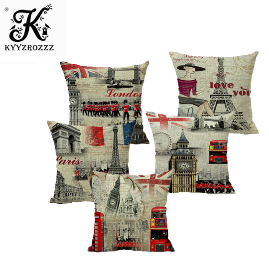 New British Style London Home Decorative Sofa Cushion Cover Throw Pillow Case Vintage Cotton Linen Square Cute