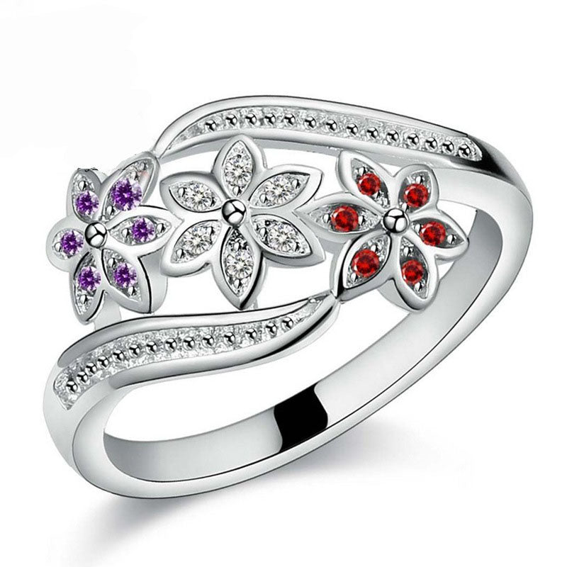 Women's Sterling Silver Tri-Color CZ Flower Ring