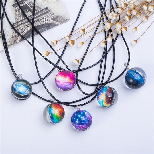 Collares Duplex Planet Crystal Stars Ball Glass Galaxy Pattern Leather Chain Pendants Maxi Necklace