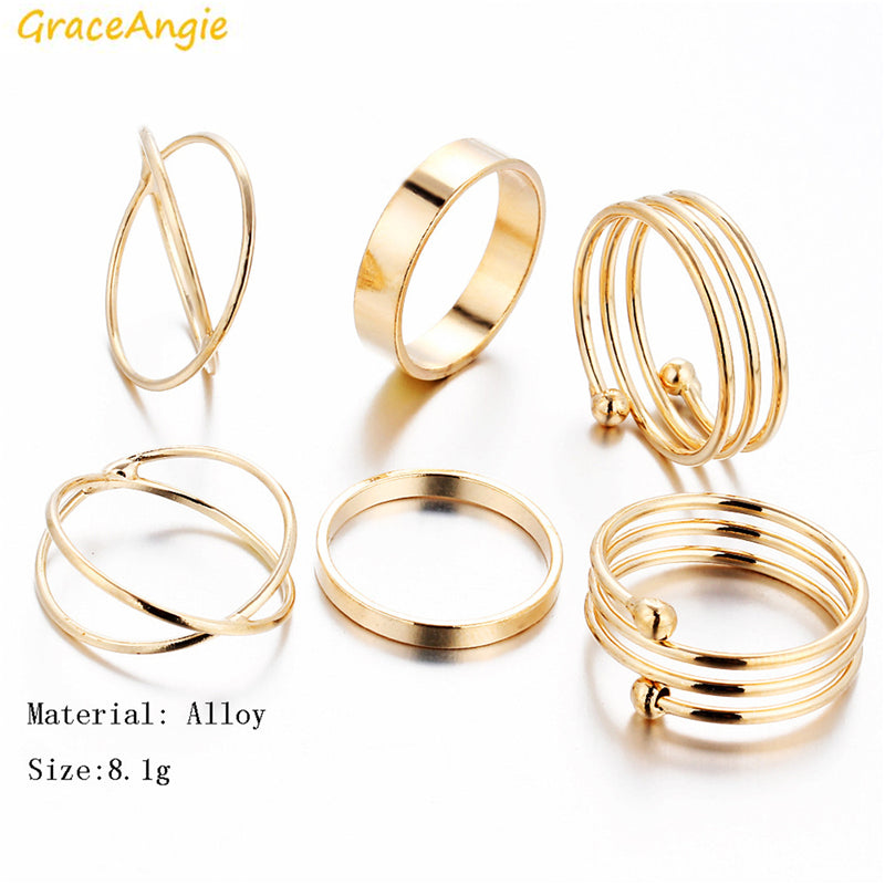 GraceAngie 6PCS/Set Gold Color Alloy Rings Trendy Stylish Jewelry Finger Tail Toe Ring Mix Shape Holiday Women Wearing