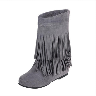KMUYSL Autumn And Winter Women Tassel Boots Med Heel Shoes Keep Warm Ankle Snow Boots Slip On Height Increasing Shoes