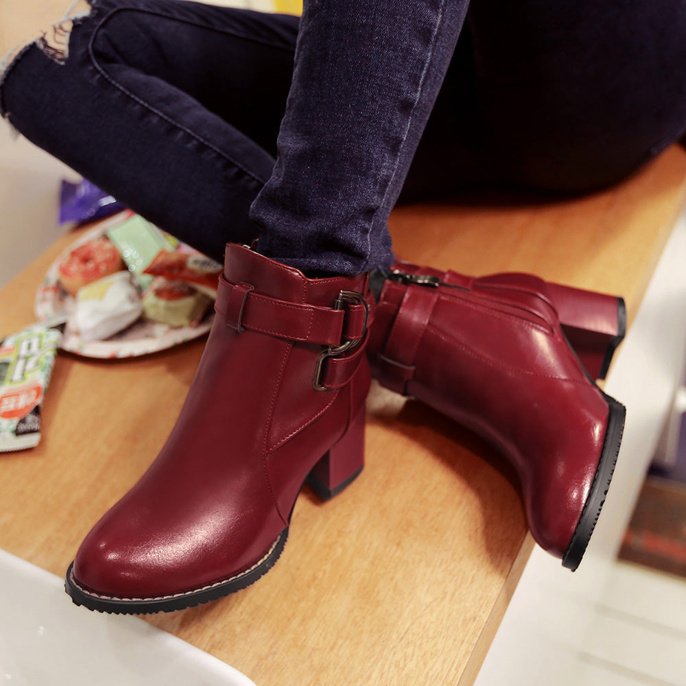 Women's High Heeled Shoes Soft PU Leather Round toe Square Heel Platform Autumn Winter Women Shoes Ankle Boots women boots 038