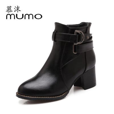Women's High Heeled Shoes Soft PU Leather Round toe Square Heel Platform Autumn Winter Women Shoes Ankle Boots women boots 038