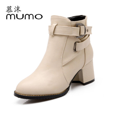 Women's High Heeled Shoes Soft PU Leather Round toe Square Heel Platform Autumn Winter Women Shoes Ankle Boots women boots 038