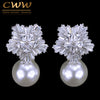 CWWZircons Snow Flower Design Women Big Drop White Pearl Earrings With Cubic Zirconia Christmas Gift