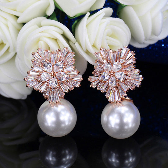 CWWZircons Snow Flower Design Women Big Drop White Pearl Earrings With Cubic Zirconia Christmas Gift