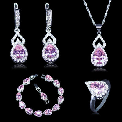 Vintage Russian Style Cubic Zirconia 925 Stamp Silver Color Jewelry 4pcs Pink Crystal Stone Sets For Women Bracelets Sets