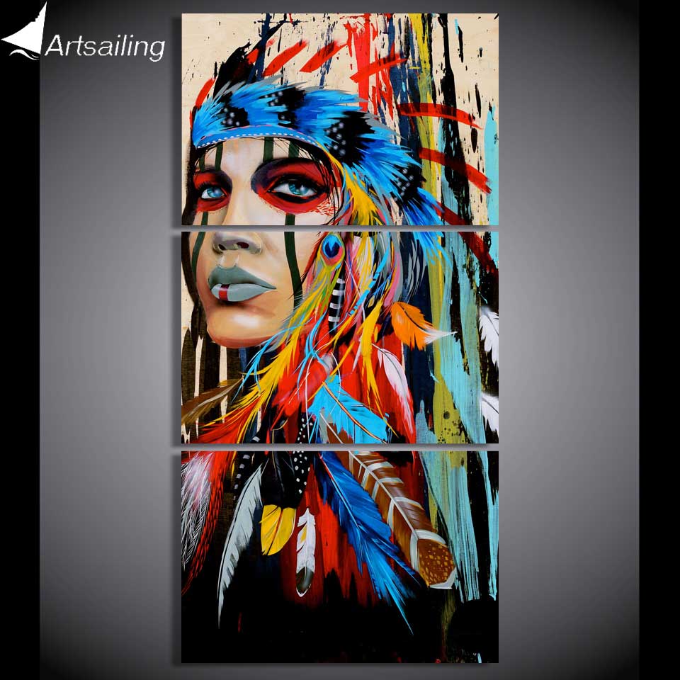 HD printed 3 piece canvas art Painting native American Indian with feather decoration pictures for living room Poster NY-5786