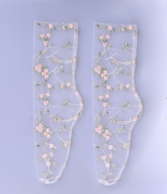 Women's Candy Colors Embroidered Lace Mesh Flower Socks
