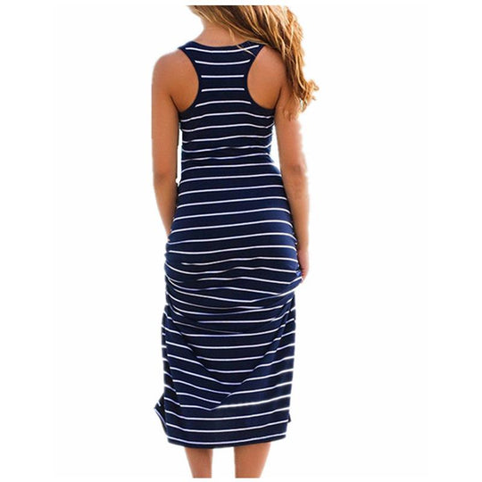 Women Plus Size Maxi Long Dress Summer Style   Ladies Beach Vest Dress Striped Boho Long Sleeveless Casual Dress M0095