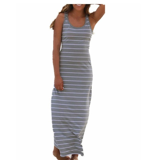 Women Plus Size Maxi Long Dress Summer Style   Ladies Beach Vest Dress Striped Boho Long Sleeveless Casual Dress M0095
