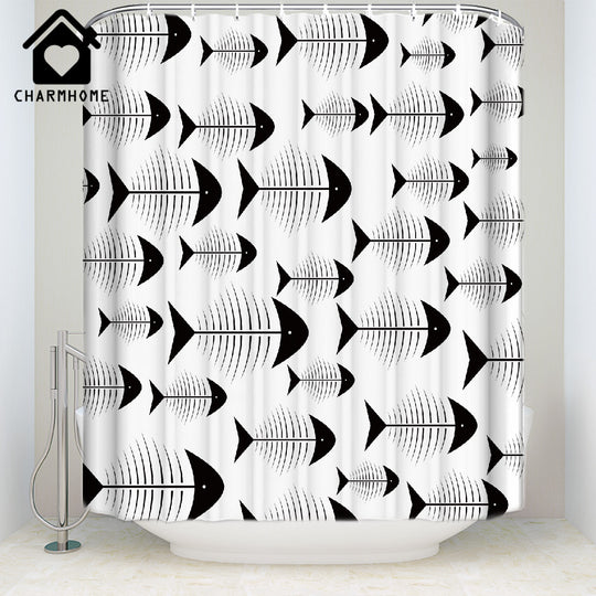 CHARMHOME Fabric White Shower Curtain Home Decor Bathroom Accessories Fishbones Fish Printing Waterproof Polyester Bath Curtain