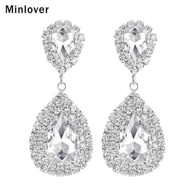 Minlover Siver Color Large Drop Earrings Bride Teardrop Shape Crystal Earrings for Women Rhinestone Dangle Wedding Earring EH003