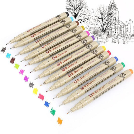 Micro-Line Waterproof Drawing Pen Set - 12 Colors