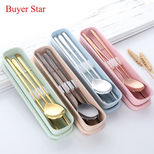 Buyer Star Cool Color Golden Stainless Steel Tableware Set Korean Sweet Adult Students Portable Dinnerware Set