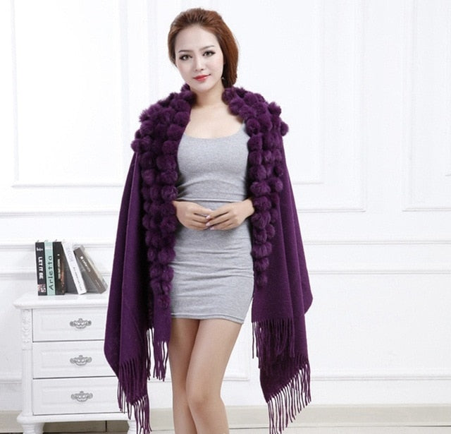 Women's Long Thick Knit Rabbit Fur Wrap Scarf