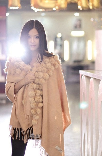 Women's Long Thick Knit Rabbit Fur Wrap Scarf