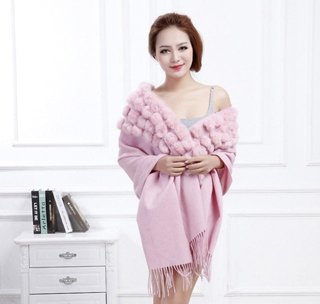 Women's Long Thick Knit Rabbit Fur Wrap Scarf