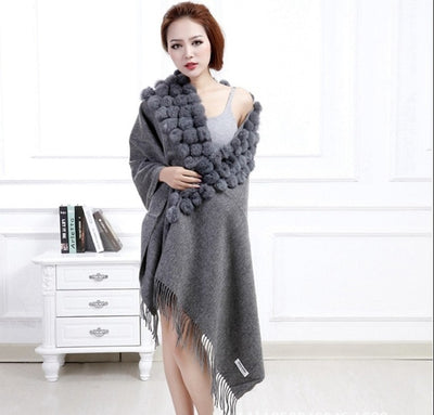 Women's Long Thick Knit Rabbit Fur Wrap Scarf