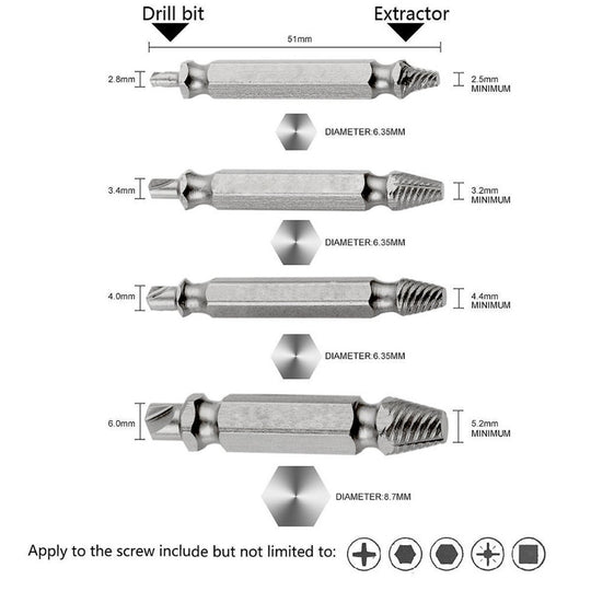 4 Piece: Damaged & Stripped Screw Removal Extractor Set