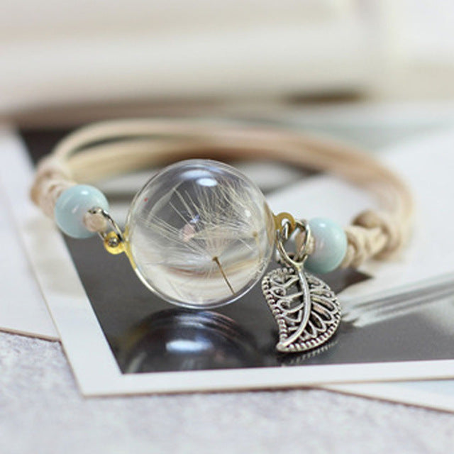 Boho Vintage Charm Bracelet Handmade Real Dry Flower Glass Ball Weave Adjustable Bracelets Bangle for Women Fashion