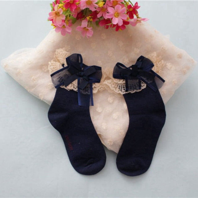 Cute Girls Lace Ruffle Frilly Ankle Socks Sweet Big Bow Princess Cotton Short Socks