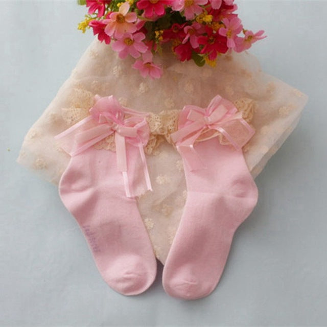 Cute Girls Lace Ruffle Frilly Ankle Socks Sweet Big Bow Princess Cotton Short Socks