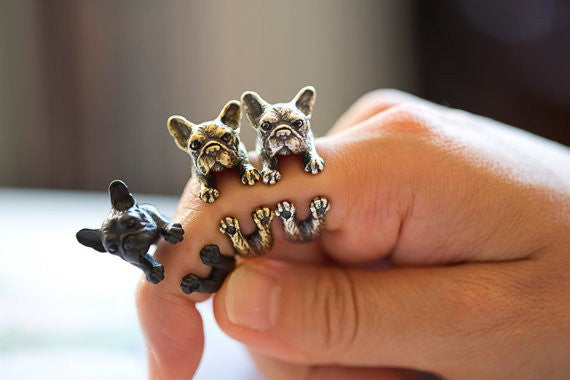 Retro Animal Handmade French bulldog ring Ring Fashion Antique Gold Silver Vintage Adjustable Rings for women JZ315