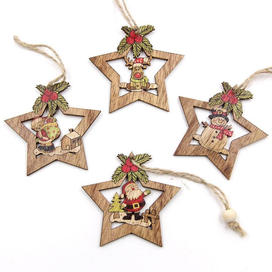 4 Piece: Wooden Christmas Star & Character Tree Ornaments